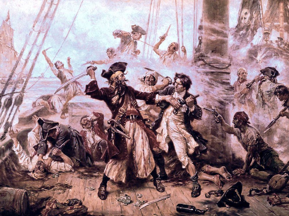 A painting of the capture of Blackbeard on November 22, 1718